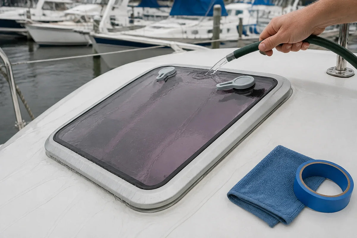 AI-generated technical illustration of a controlled low-pressure hose test on a tinted marine deck hatch.