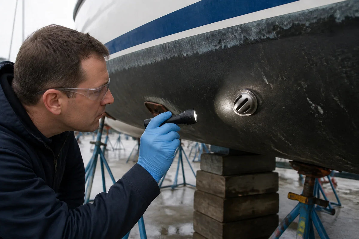 AI-generated technical illustration of a technician inspecting an external boat intake strainer during haul-out.