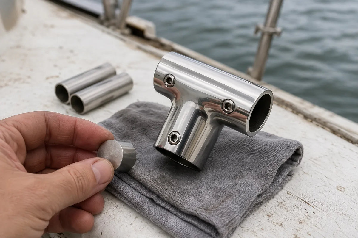 AI-generated technical illustration of a three-way stainless boat rail fitting being checked with a plug gauge.