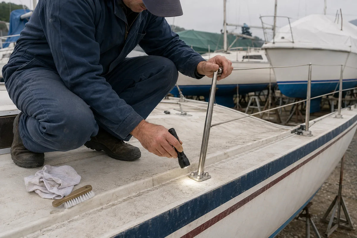 AI-generated technical illustration of a boat owner inspecting deck hardware during spring commissioning.