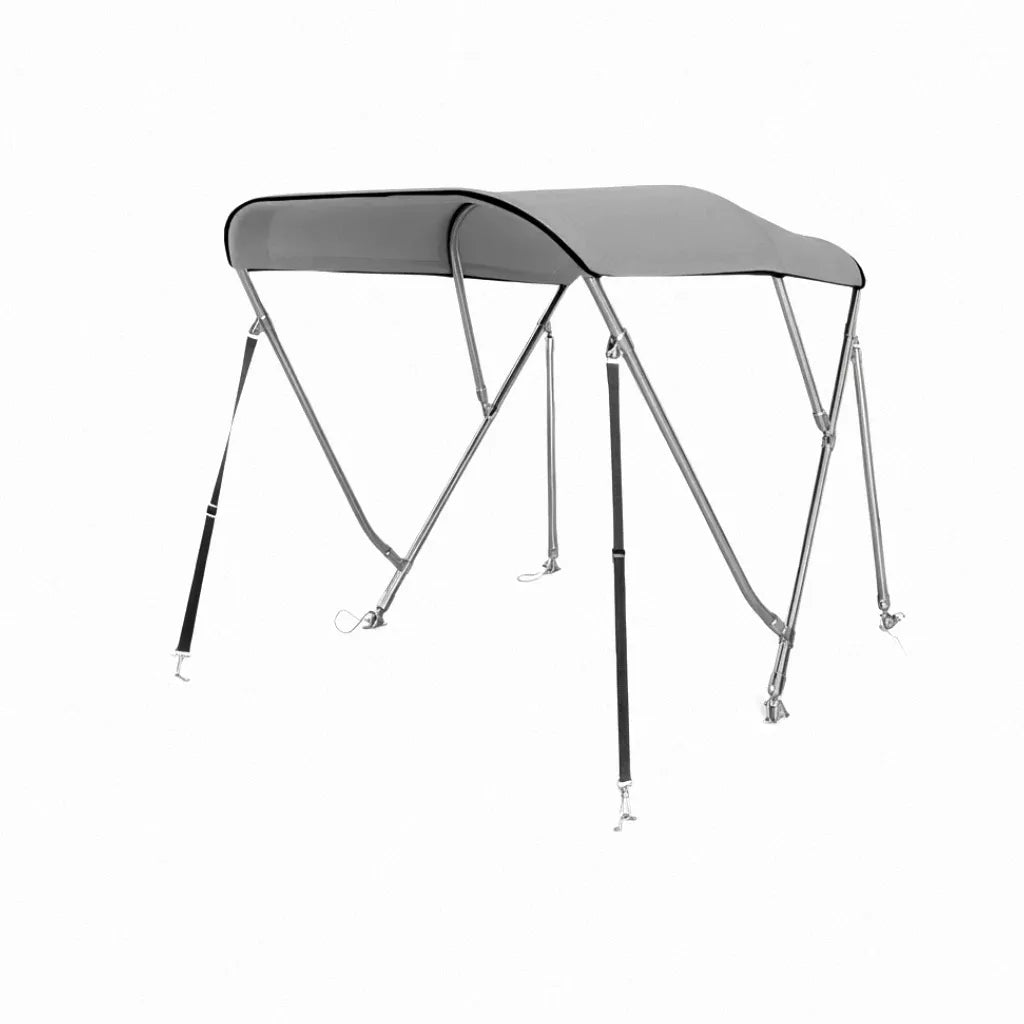 A professional hero shot of a 3-Bow Bimini Top with a grey 600D Oxford fabric canopy and 304 stainless steel frame on a pure white background.