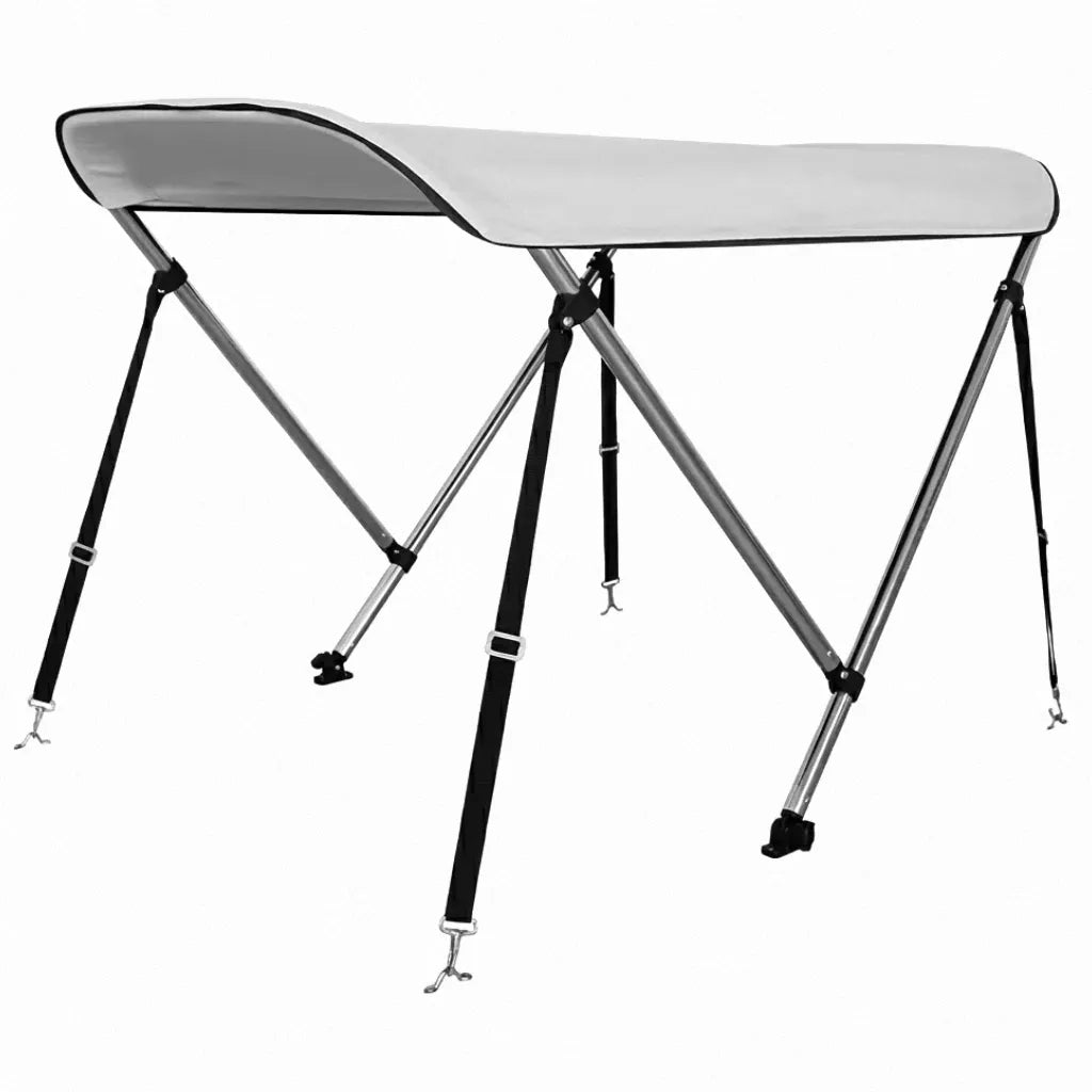 Main hero shot of a 2-Bow Bimini Top boat canopy with a grey 600D Oxford cloth cover and silver aluminum alloy frame on a pure white background.