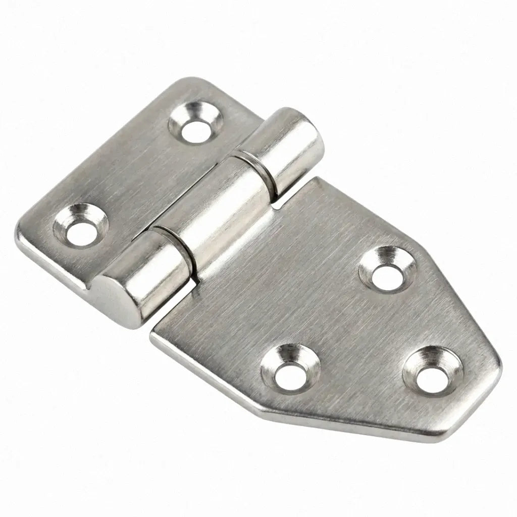 Top-down view of a 316 marine-grade stainless steel offset hinge with a mirror-polished finish and five counter-sunk mounting holes on a pure white background.