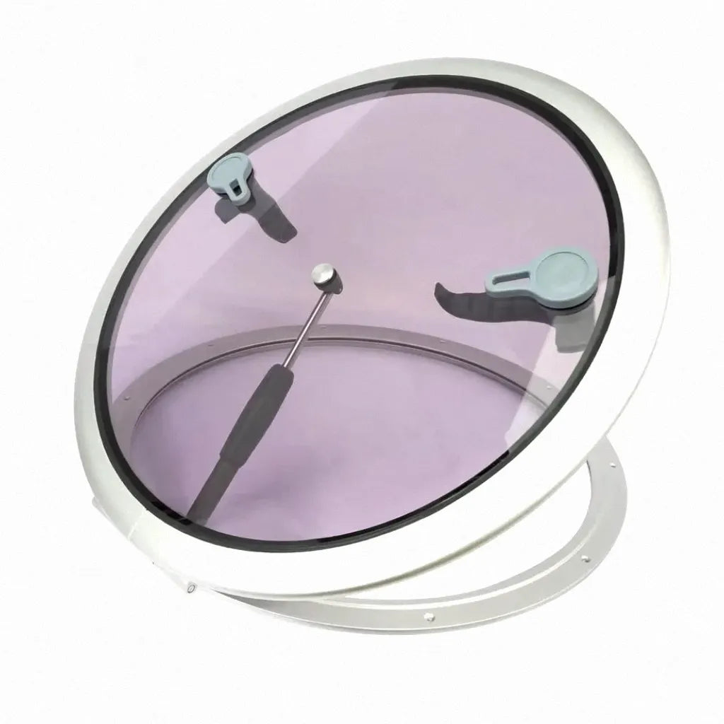 Hero shot of a round marine deck hatch featuring a silver anodized aluminum frame and tinted purple acrylic glazing on a white background.