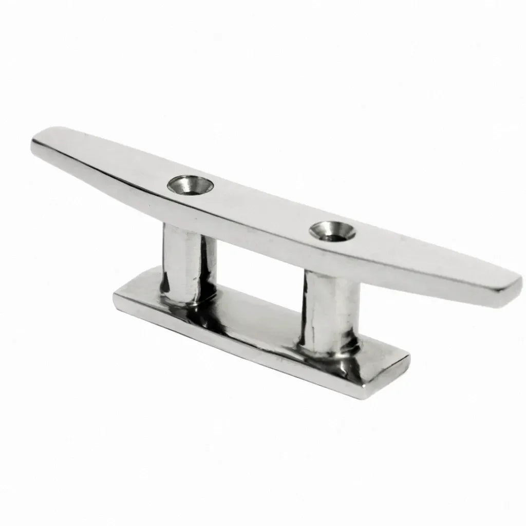 Professional hero shot of a 316 stainless steel low-profile boat cleat on a pure white background showing mirror-polished finish.