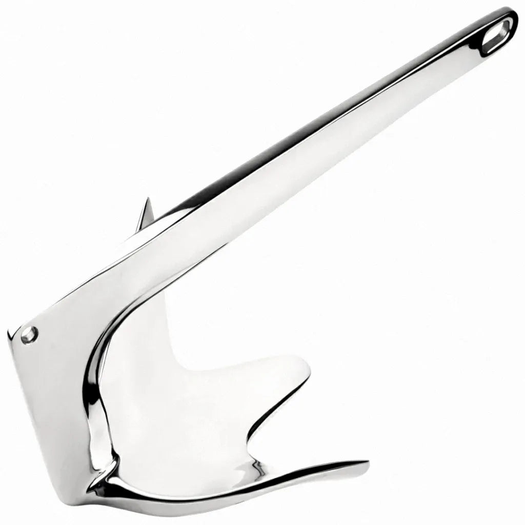 High-angle view of a mirror-polished 316 stainless steel Bruce-style claw boat anchor on a clean white background, showcasing precision silica sol casting and sleek geometry.