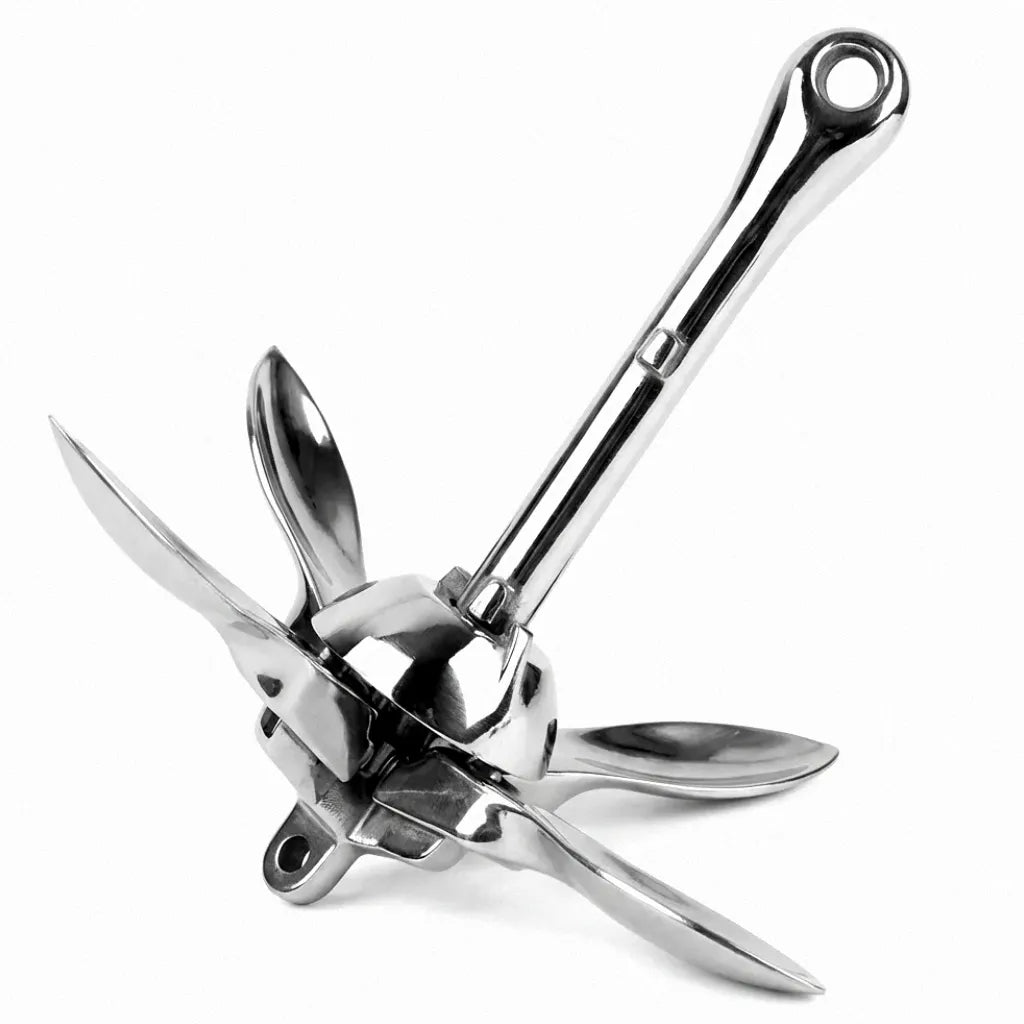 Hero shot of an unfolded 316 stainless steel folding grapnel anchor on a pure white background showing the mirror polished flukes and shank.