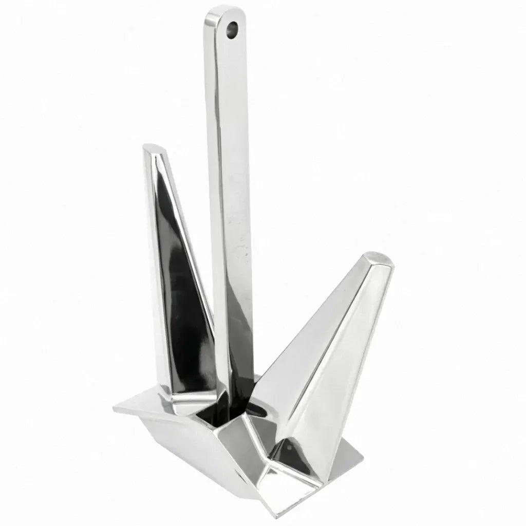 A professional hero shot of a 12kg Bauer N-Type Plow Boat Anchor made from mirror-polished 316 stainless steel against a pure white background.
