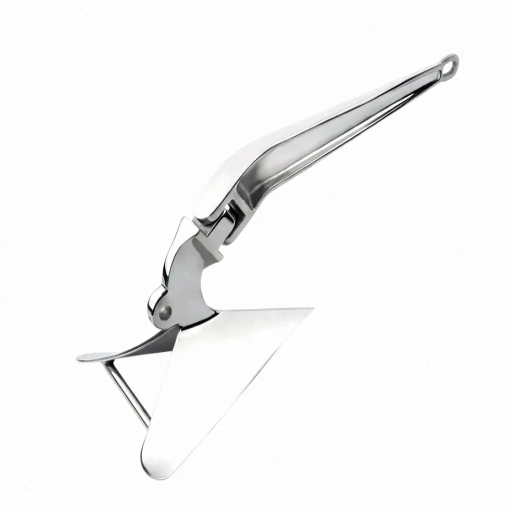Hero shot of a high-performance 316 stainless steel plow anchor for boats with a mirror-polished finish on a clean white background.