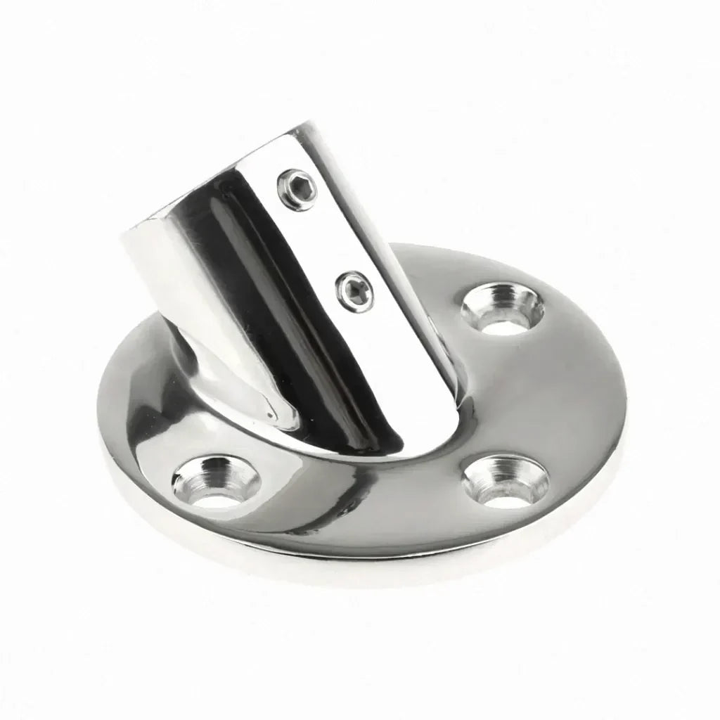 Hero shot of a 60-degree marine handrail fitting made of mirror-polished 316 stainless steel for boat decks, shown on a pure white background.