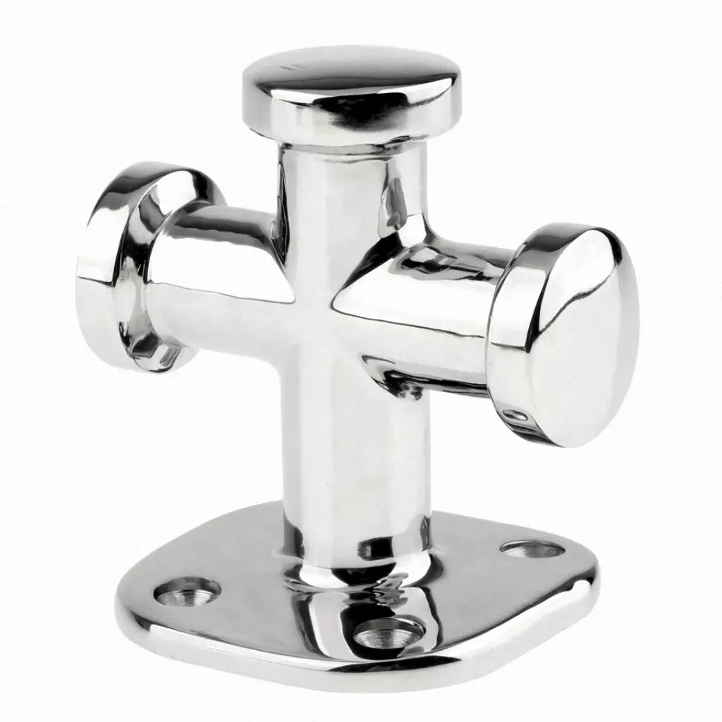 A mirror-polished 316 marine-grade stainless steel single cross-bit mooring bollard shown from an isometric view on a pure white background.