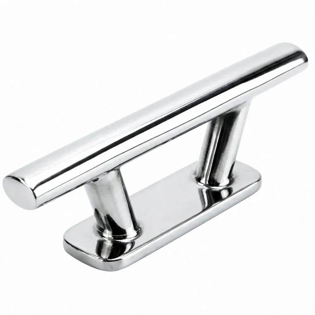 Professional grade 316 stainless steel boat mooring cleat with high-gloss mirror polish finish on a white background.