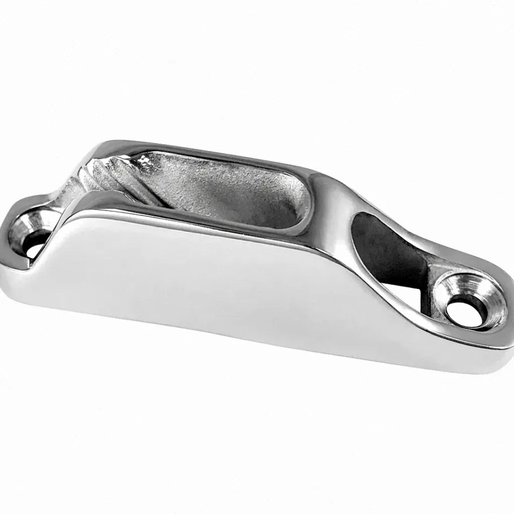 High-angle view of a marine-grade 316 stainless steel clam cleat with a mirror-polished finish and precision-toothed groove on a white background.