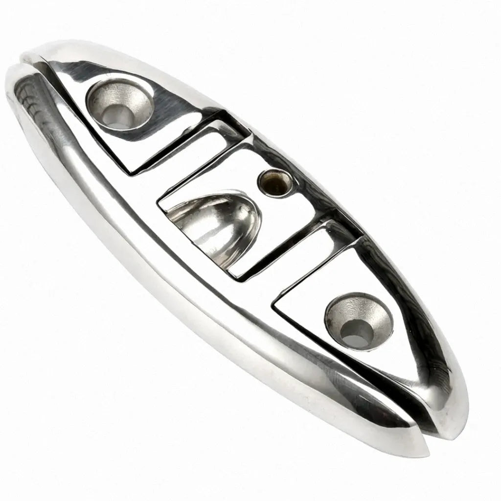 High-angle studio shot of a 316 stainless steel folding boat cleat on a pure white background, showcasing jewelry-grade mirror polish and retractable flip-up design.