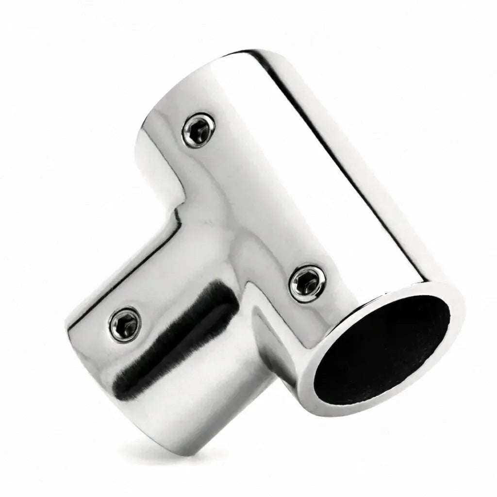 Mirror-polished 316 stainless steel T-fitting boat handrail connector on a pure white background.