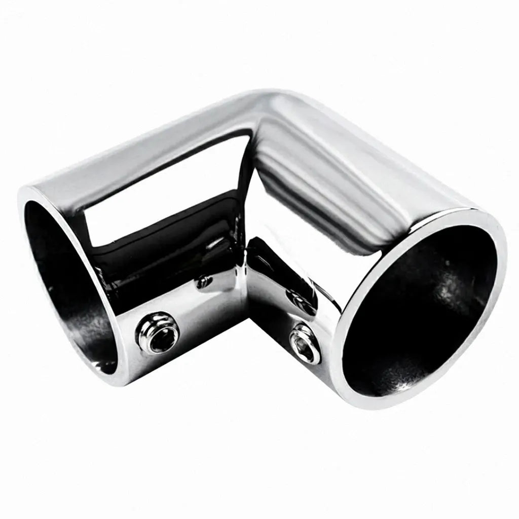 High-luster mirror-polished 90-degree 316 stainless steel boat stanchion elbow fitting on a pure white background.