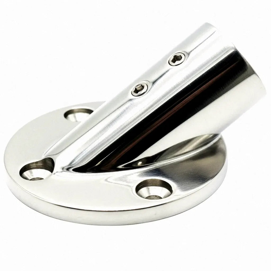 Hero shot of a 316 Stainless Steel 45-degree boat handrail fitting with a mirror-polished finish on a pure white background.