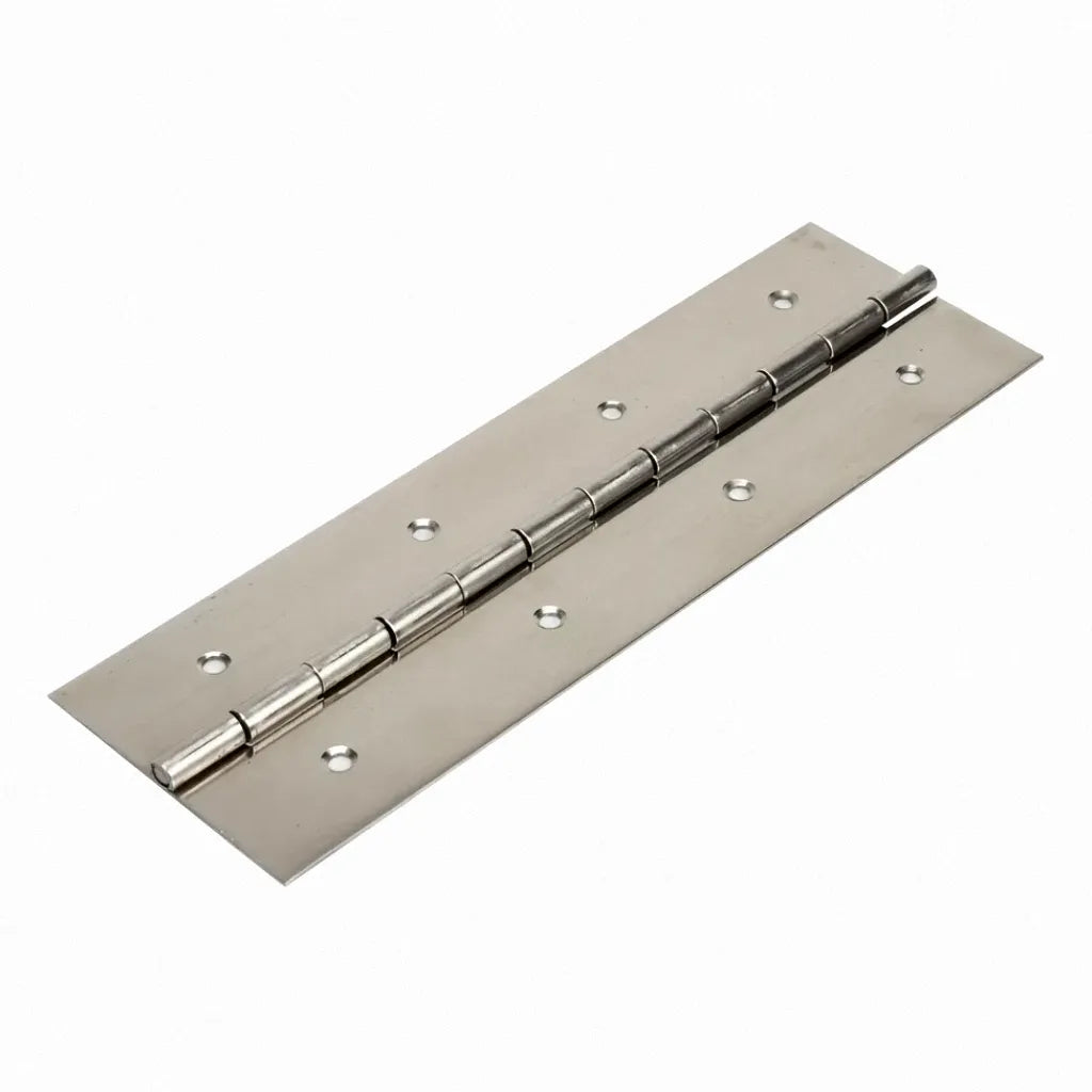 High-precision 316 stainless steel heavy-duty continuous piano hinge on a white background, showing the brushed satin finish and pre-punched countersunk holes.