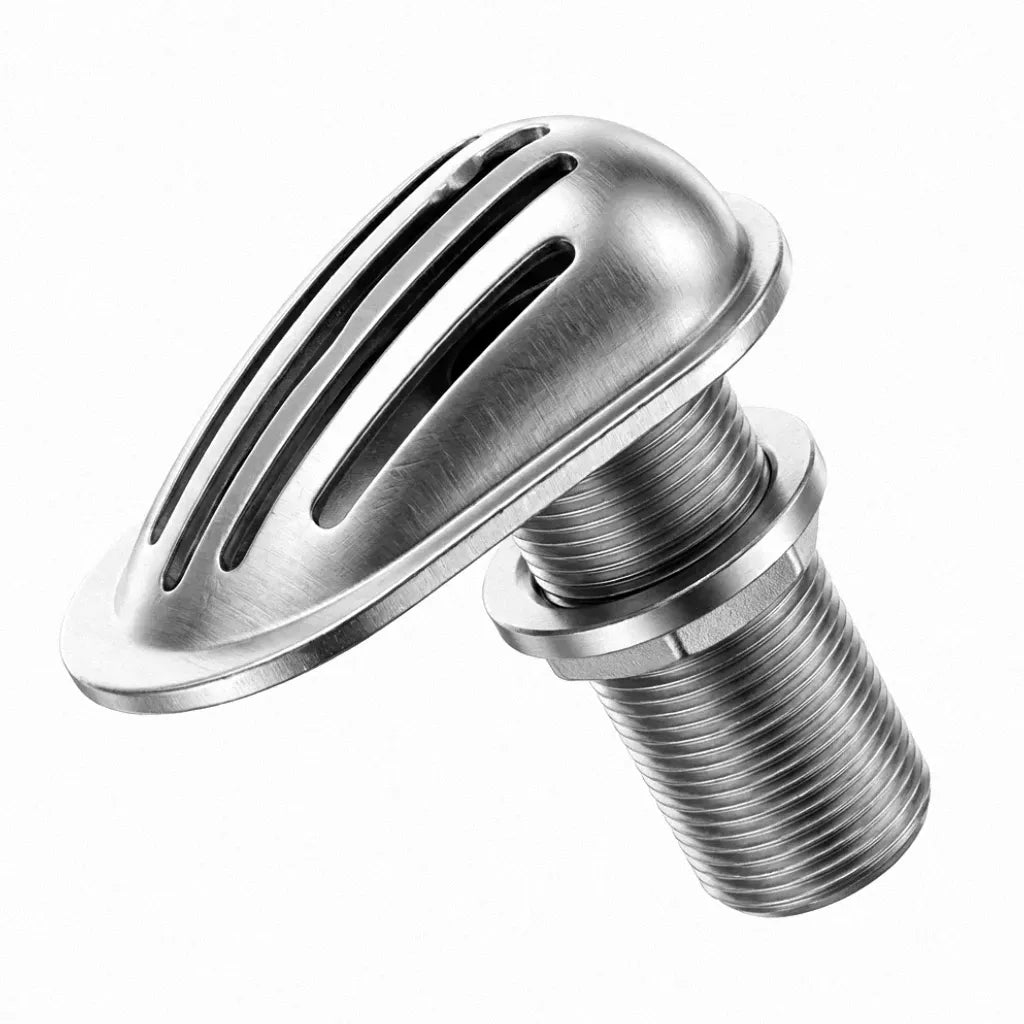 High-angle studio shot of a 316 stainless steel boat intake strainer with a mirror-polished scoop and threaded thru-hull shank on a pure white background.