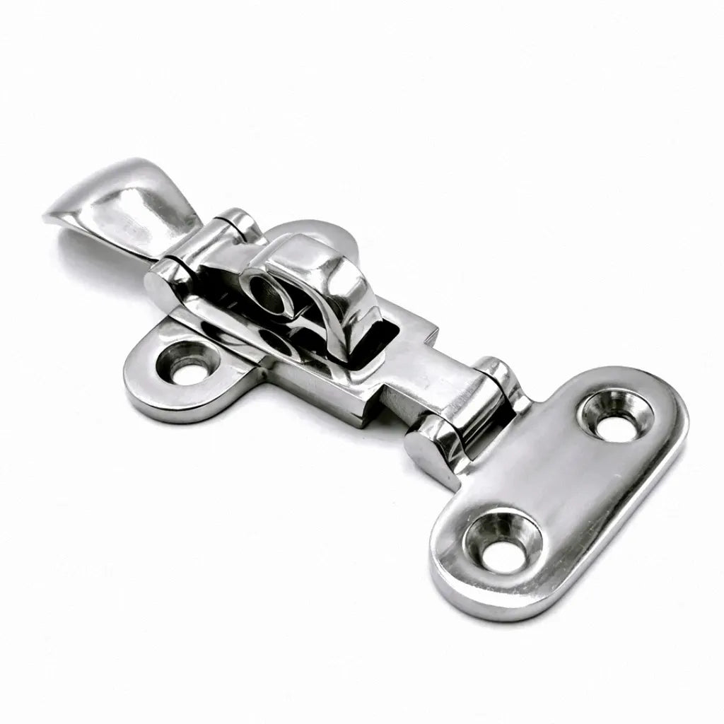 A high-precision AISI 316 stainless steel anti-rattle hatch latch for marine vessels, shown from a perspective view on a pure white background.