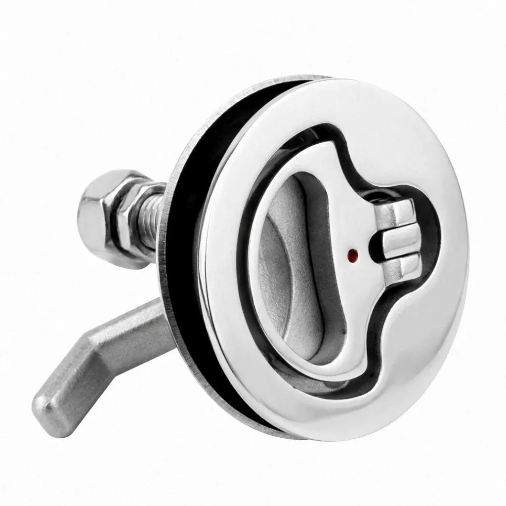 316 Marine Grade Stainless Steel Turning Lock Latch for boat hatches, featuring a mirror-polished finish on a pure white background.