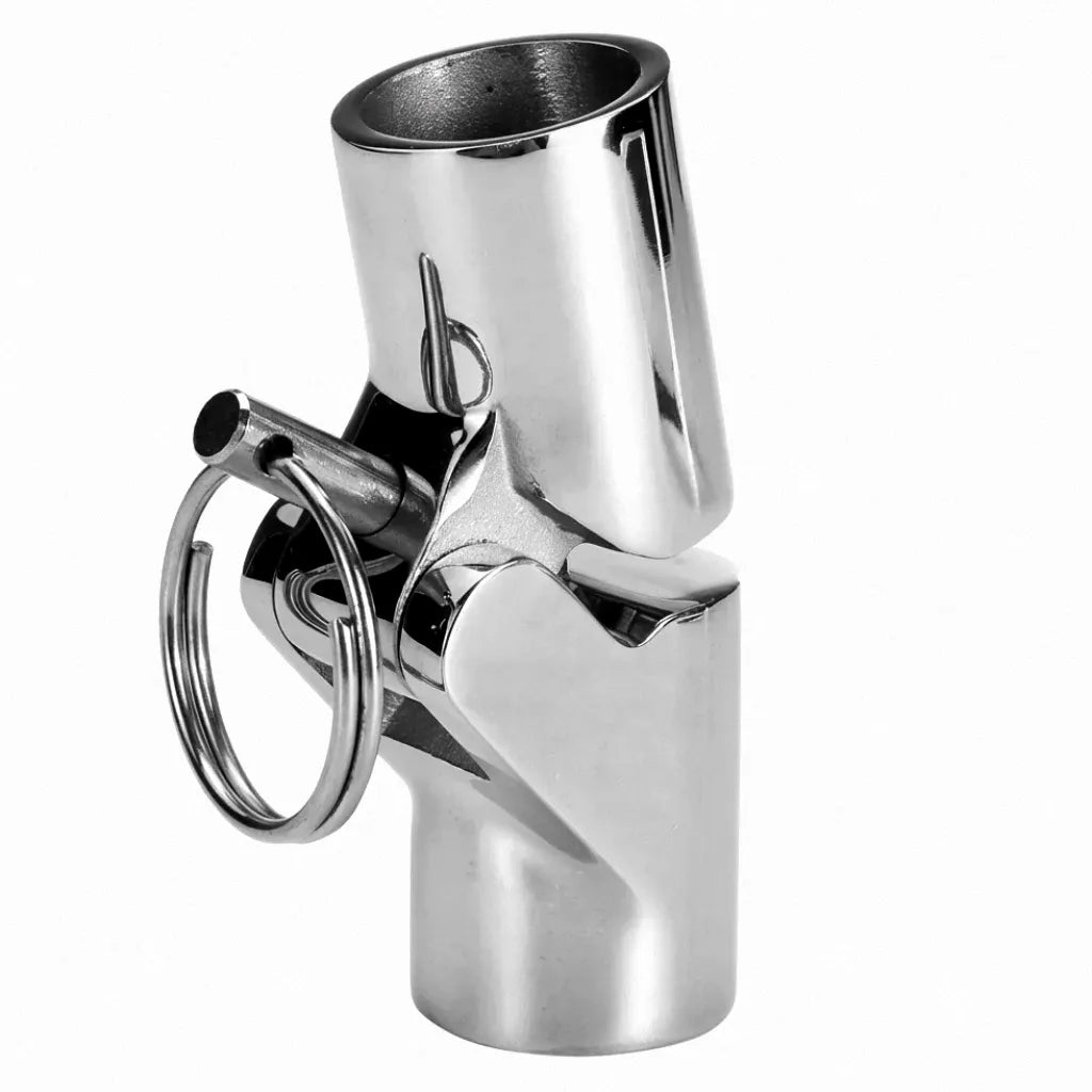 A high-precision 316 stainless steel folding bimini swivel joint with a mirror-polished finish and quick-release detent pin, shown on a white background.