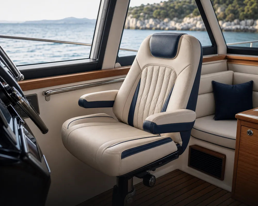 Comfortable marine helm seat in a boat interior