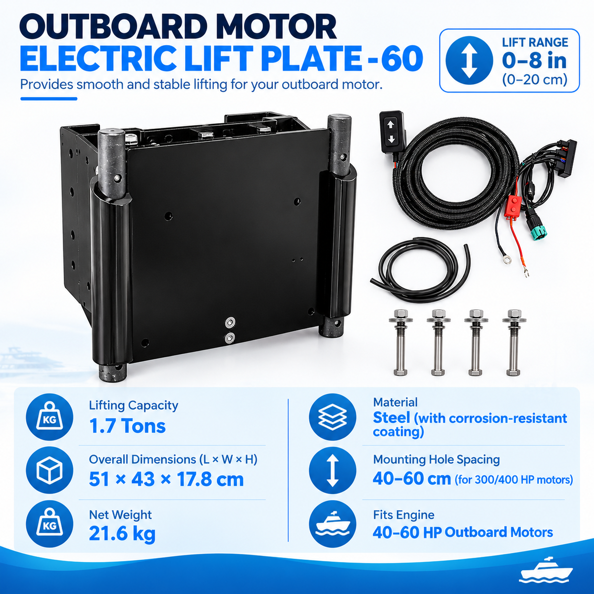Outboard Motor Hydraulic Jack Plate - 1.7-Ton Lift, 40-60HP, Corrosion-Resistant