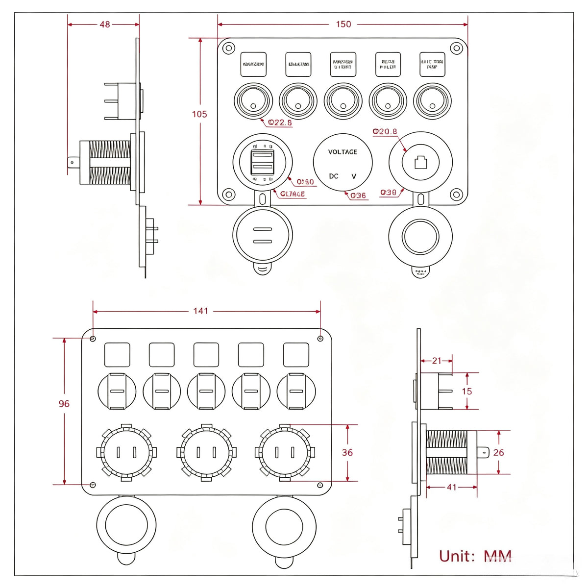 Marine 5-Button Switch Panel - Dual USB, Voltmeter & Cigarette Lighter 12-24V