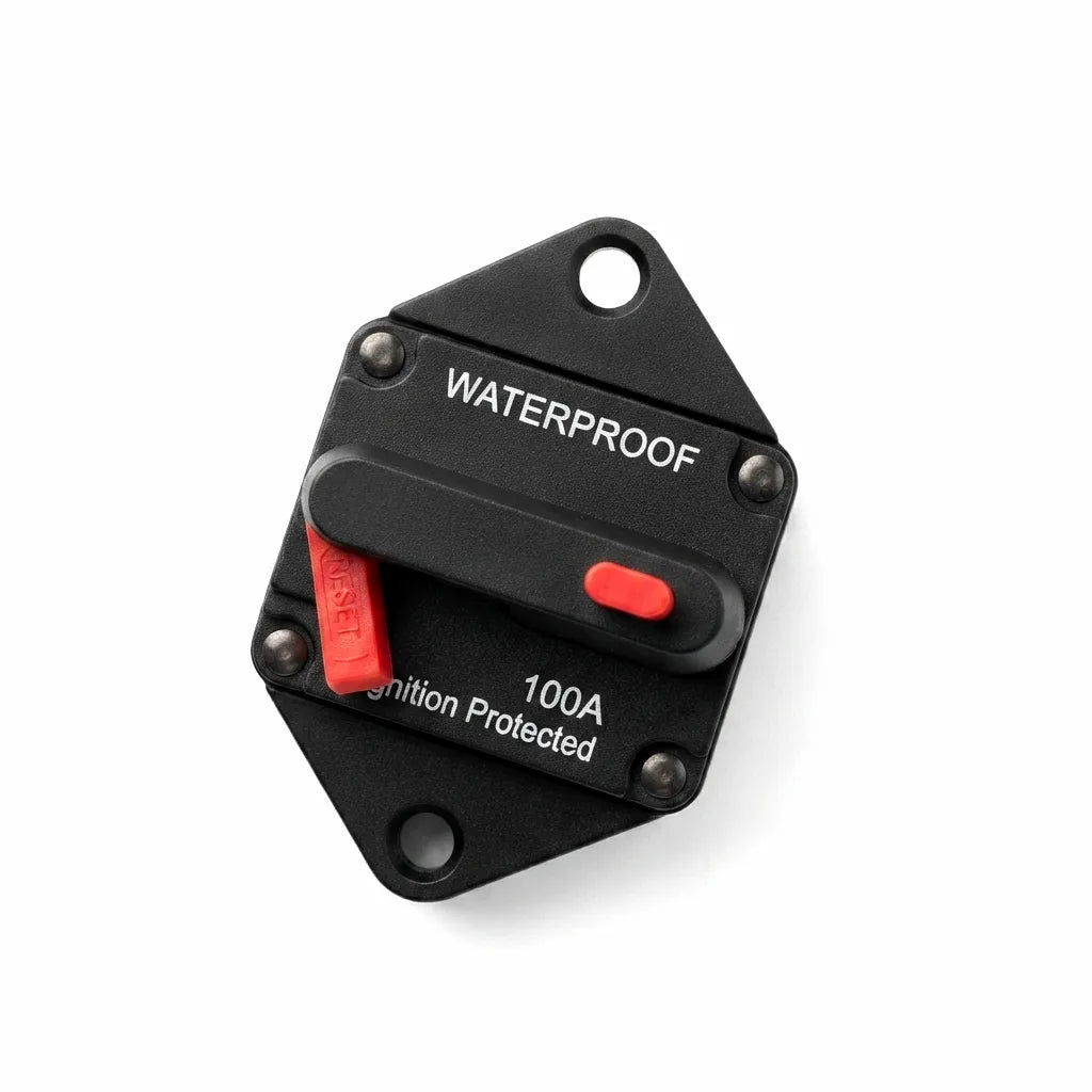 AirowMarine 100A Waterproof Marine Circuit Breaker on a clean white background, highlighting its robust matte-black housing, manual red reset lever, and ignition protection markings.