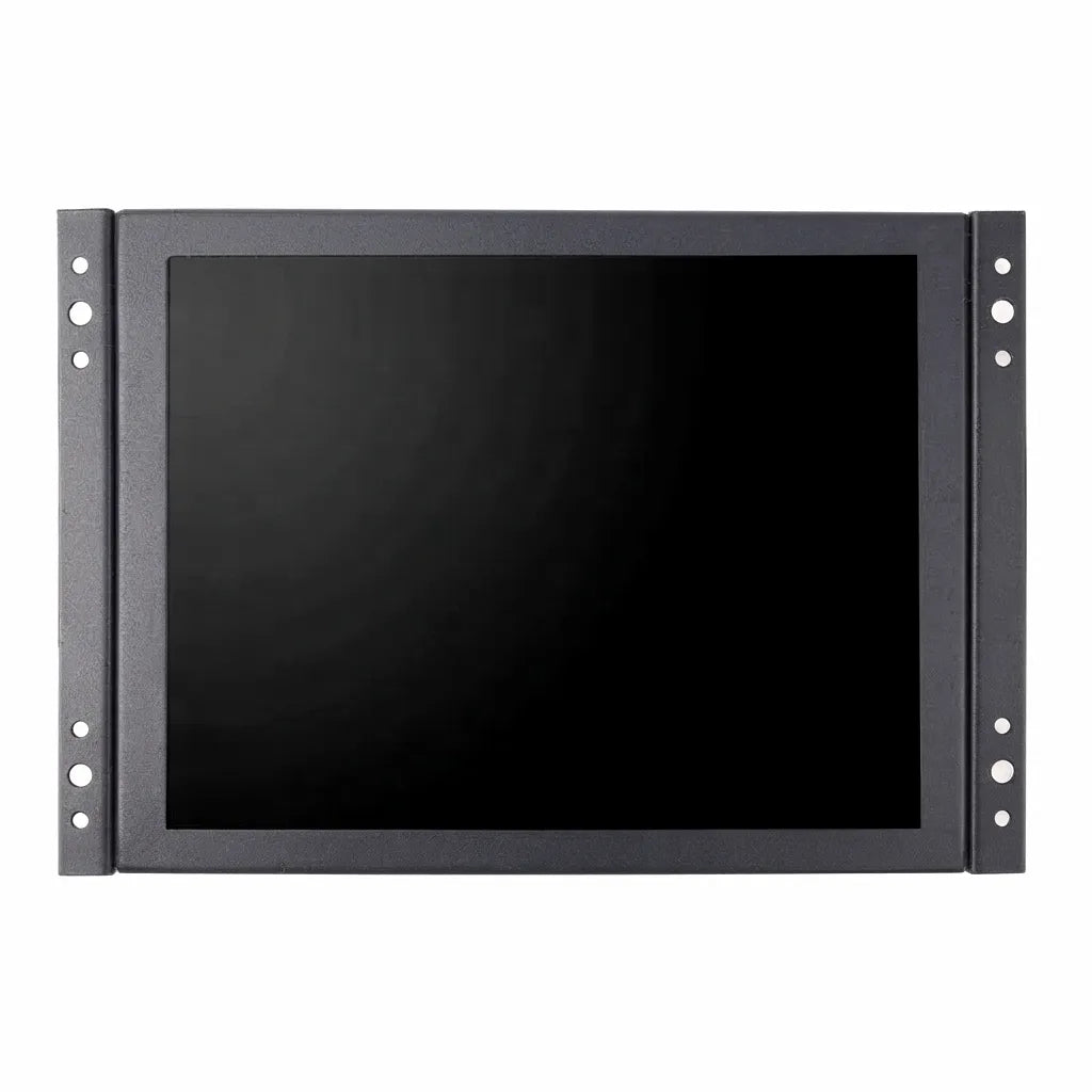 Front view of a 12-inch marine-grade industrial touchscreen monitor with a black bezel and blank IPS display, featuring integrated panel-mount brackets.