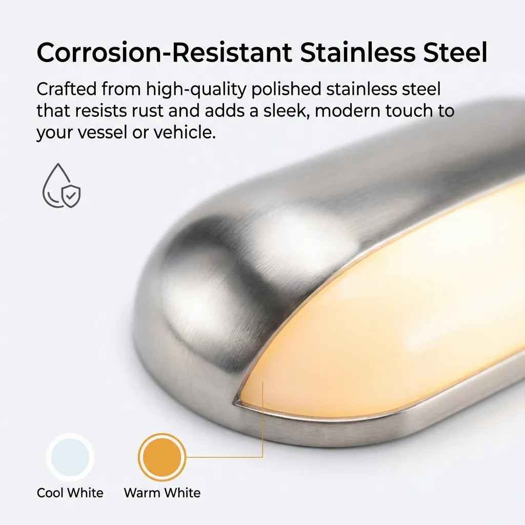 Macro close-up of the mirror-polished stainless steel housing emphasizing the corrosion-resistant surface and modern aesthetic.