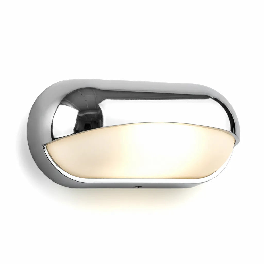 Hero shot of the AirowMarine 12V LED boat step light featuring a mirror-polished stainless steel housing and a translucent warm white light lens on a pure white background.