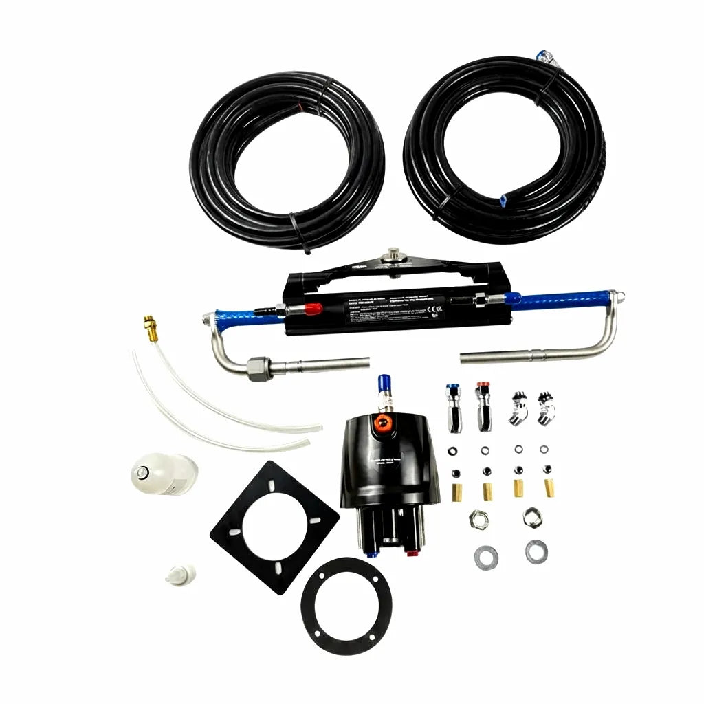 Complete 150HP marine hydraulic steering system kit for outboard motors, featuring helm pump, dual-action cylinder, hydraulic hoses, and all mounting hardware on a white background.