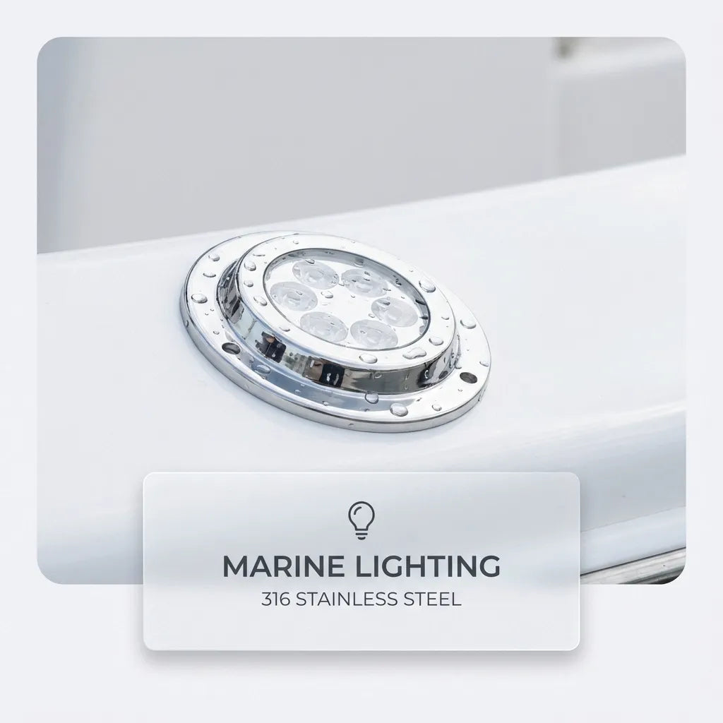 A mirror-polished 316 stainless steel underwater light mounted on a white boat hull with water droplets.