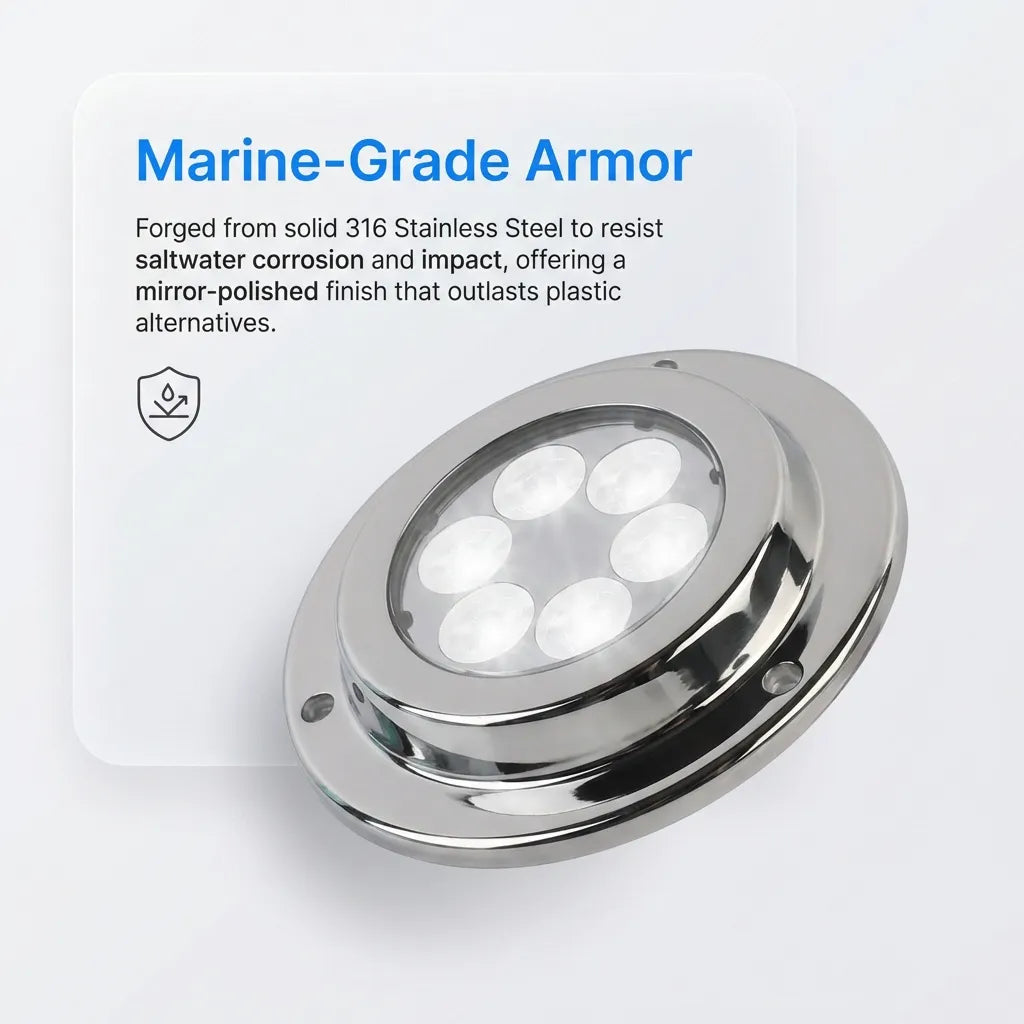 Close-up view of the 316 stainless steel forged housing highlighting saltwater corrosion resistance and impact durability.