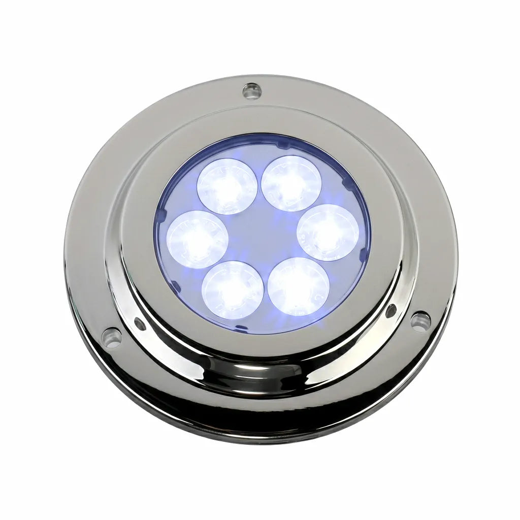 Top-down view of an 18W marine underwater light with 316 stainless steel housing and 6 high-power cool white LEDs.