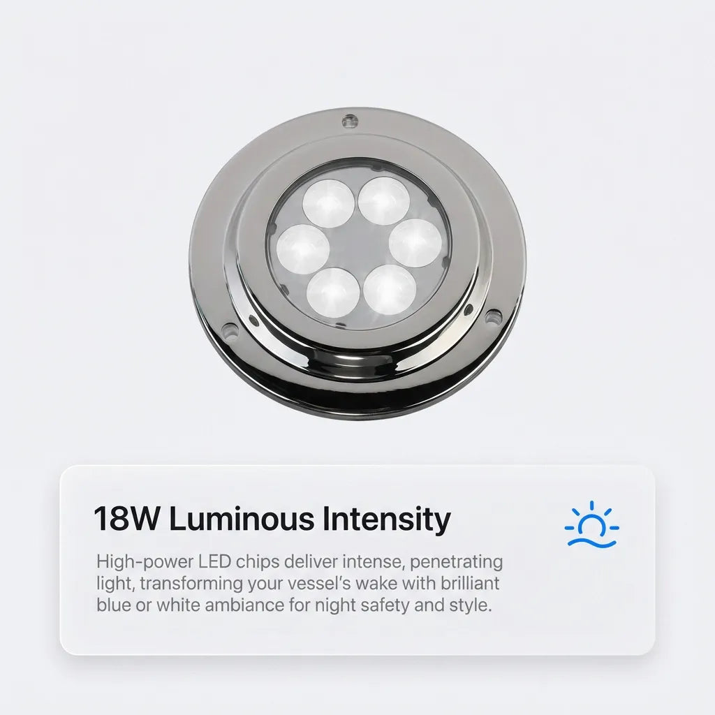 Close-up of the 6-lens optical array providing 18W of intense luminous penetrating light for vessel wakes.