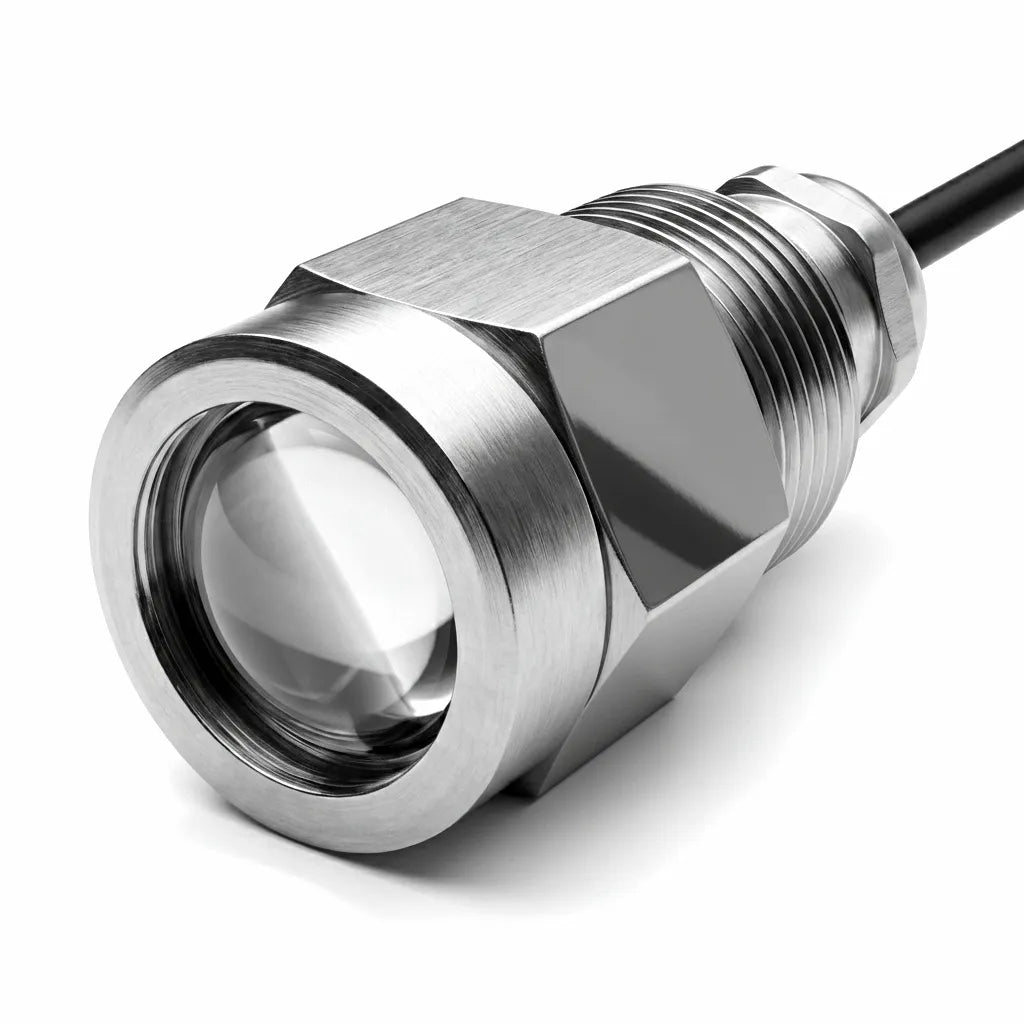 Close-up hero shot of an Airow Marine 316 stainless steel underwater boat drain plug light featuring a high-clarity optical lens and 1/2 inch NPT threading.