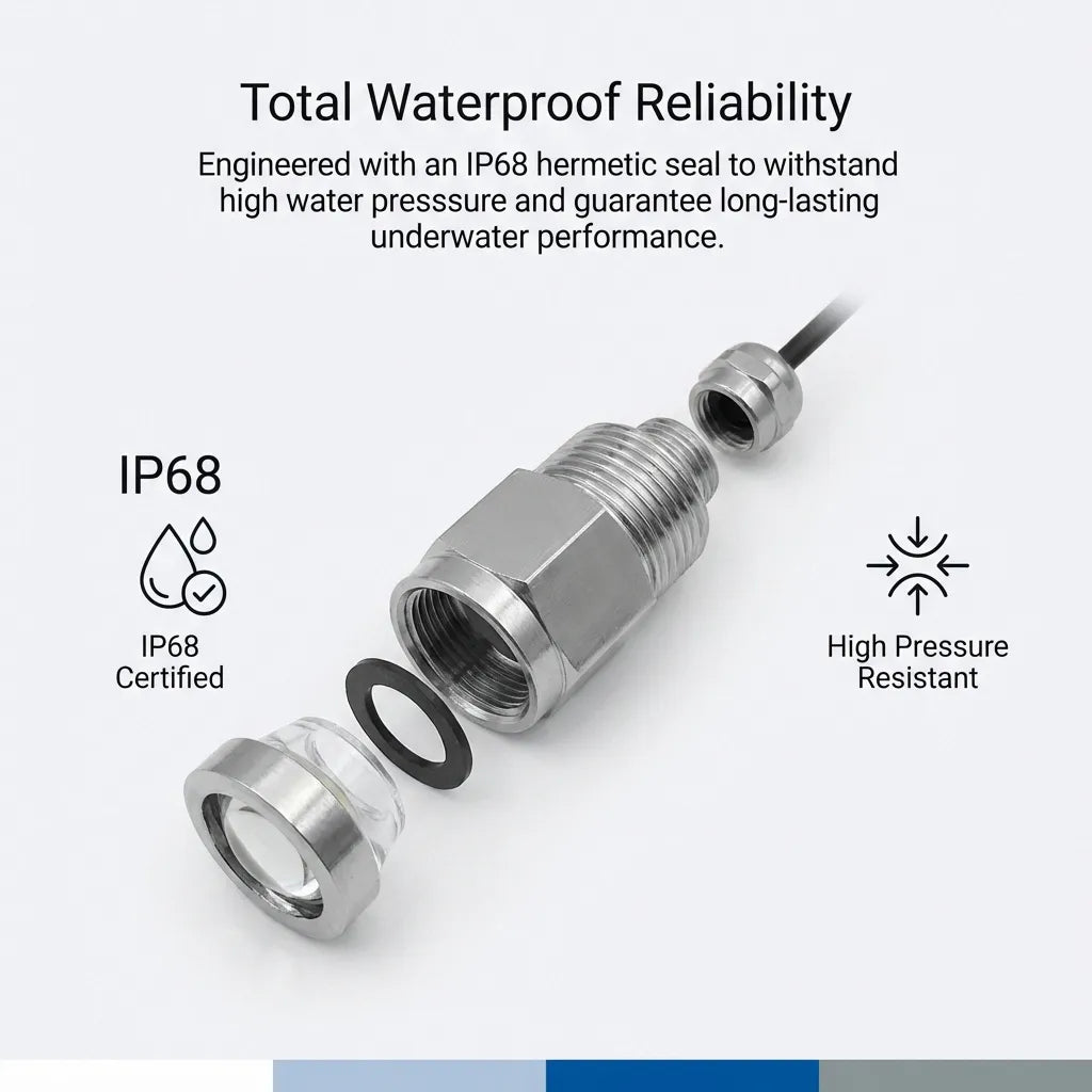 Exploded view diagram showing the IP68 hermetic seal components, including the gasket and high-pressure resistant housing.
