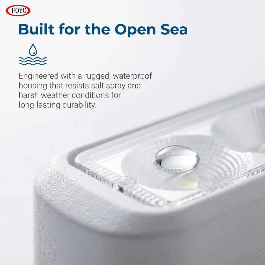 Macro detail shot showing a water droplet on the textured lens, demonstrating the IP67 waterproof and salt-spray resistant construction.