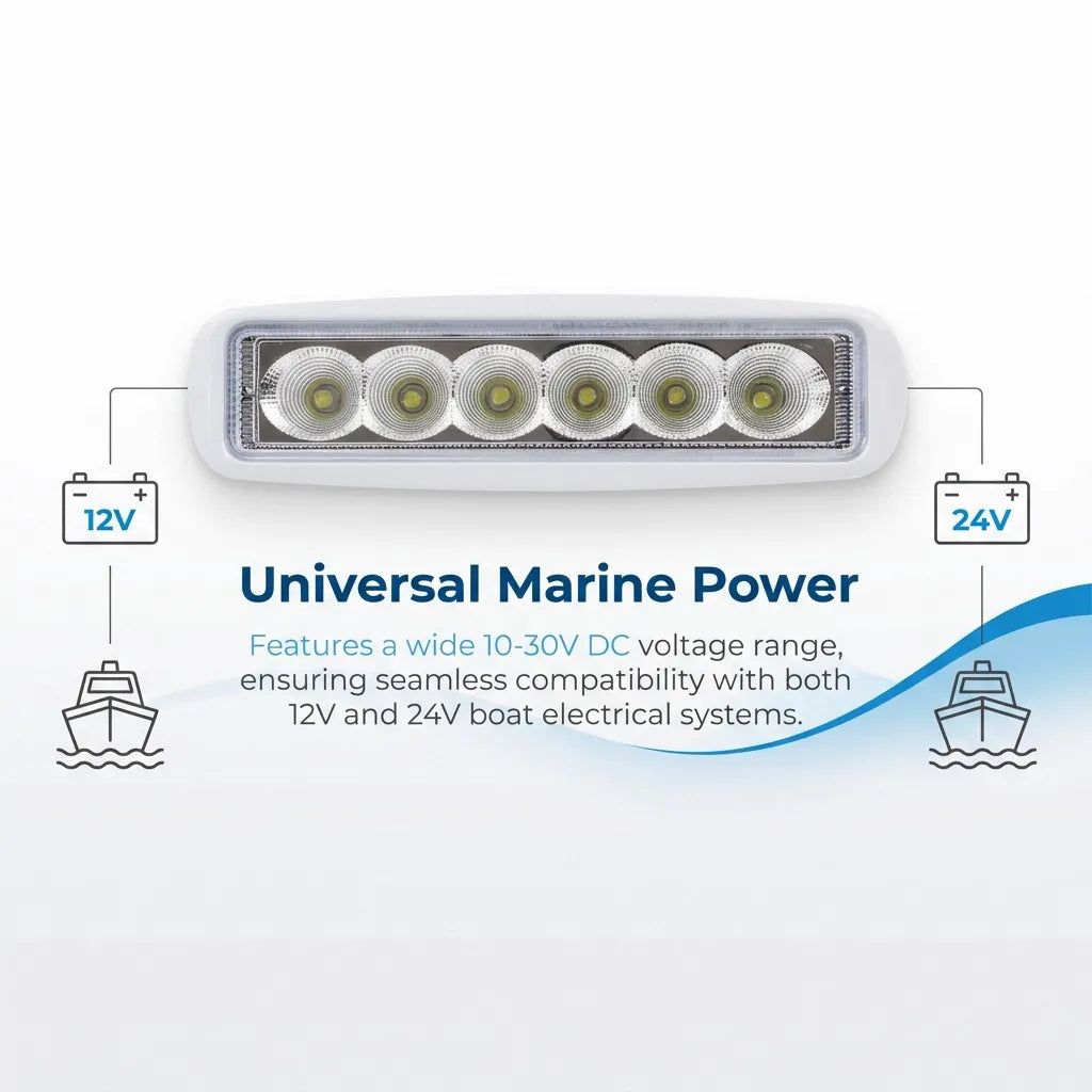 Infographic explaining universal marine power compatibility with a 10-30V DC voltage range for 12V and 24V boat electrical systems.