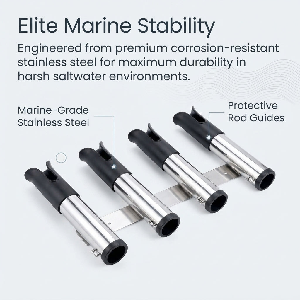 4-Rod Marine Fishing Rod Holder - 316 Stainless Steel, Mirror Polished