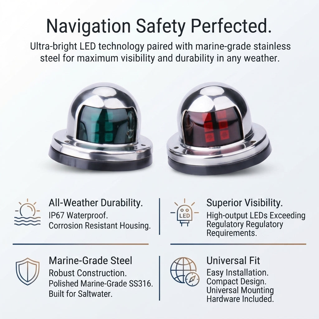 LED Navigation Lights Pair - Polished Stainless Steel, IP66 Waterproof