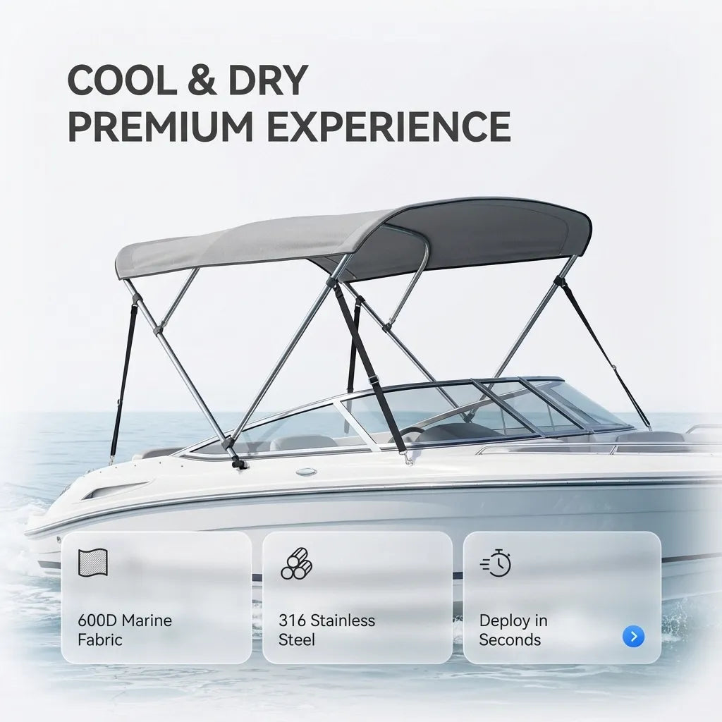 Perspective shot of the grey marine-grade boat cover on a vessel illustrating the cool and dry premium experience under sunlight.