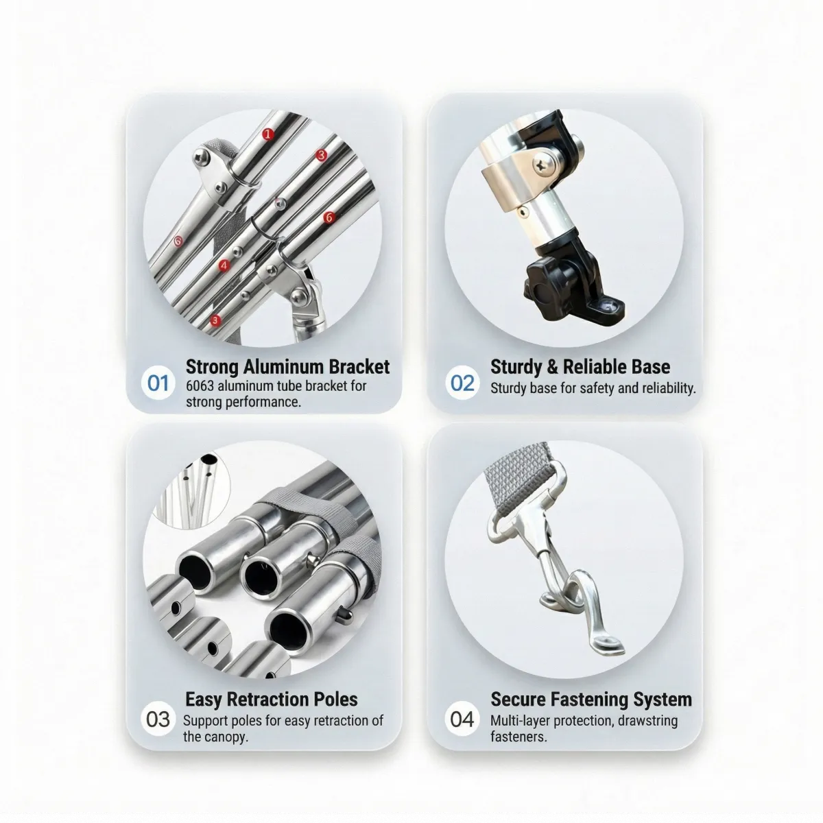 Technical breakdown of components: aluminum brackets, sturdy base, easy retraction poles, and secure fastening system.