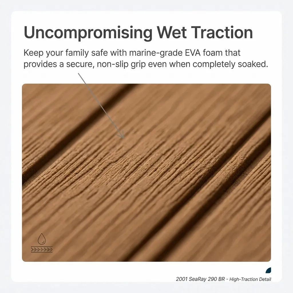 Macro close-up shot highlighting the brushed wood grain texture of the marine-grade brown EVA foam decking showcasing slip-resistant CNC-routed traction grooves.