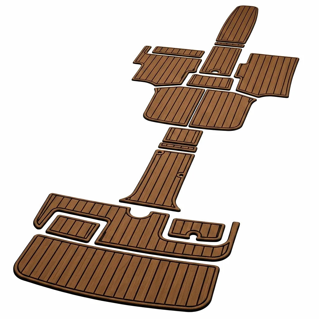 Complete 2005 Cobalt 252 swim platform and cockpit faux teak EVA foam deck mat kit in brown and black wood-grain finish.