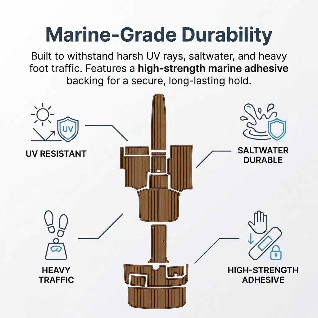 Technical infographic highlighting UV resistance, saltwater durability, high-traffic resistance, and high-strength adhesive features.