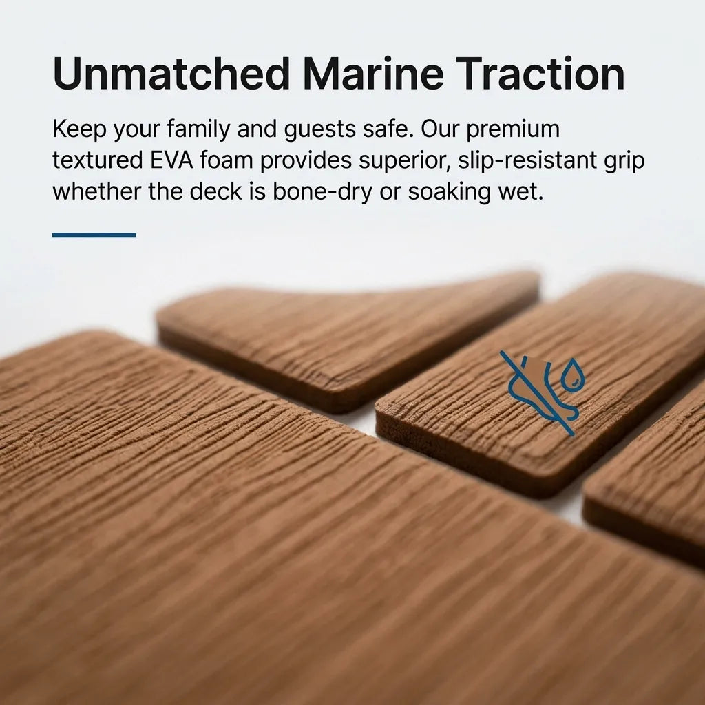 Detailed close-up view showing the high-density brushed faux-teak grain texture of the dual-layer marine EVA foam.